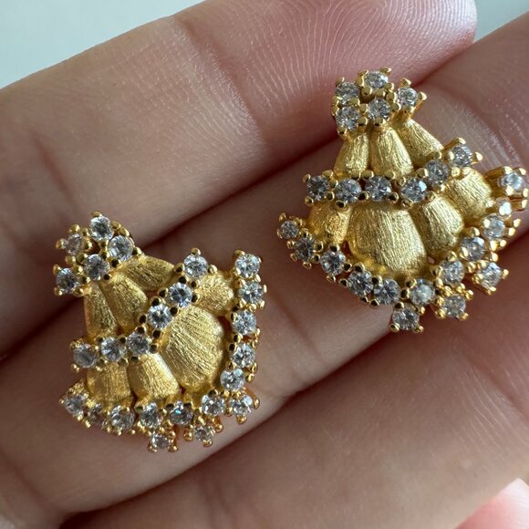 Gold Plated Stud Earrings with CZ – Fan Shape Statement - Picture 1 of 5